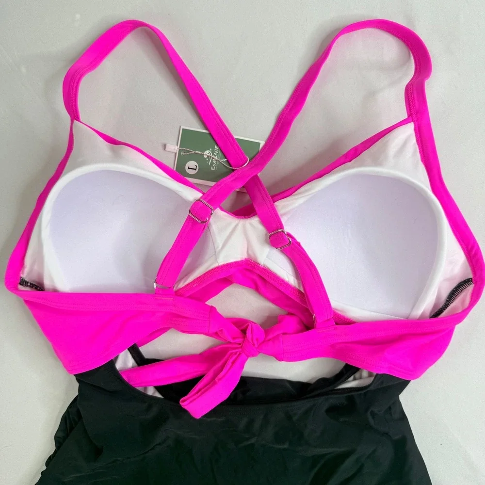 Tummy Control Slimming Pink and Black Cutout One Piece Swimsuit Ruched Large NWT